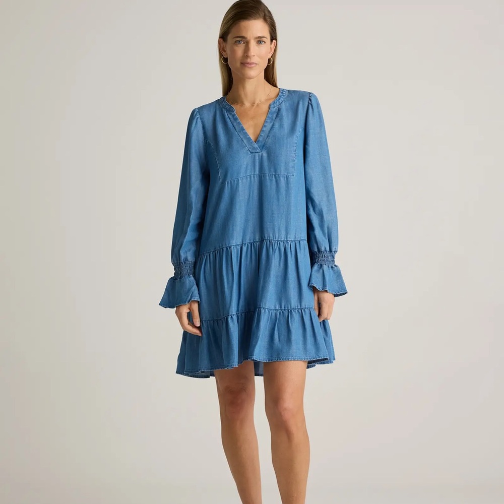 Quince Chambray Tencel Tiered Long Sleeve Mini Dress
